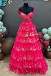 Ball Gown Tiered Fuchsia Prom Dress Corset Layered Sweetheart