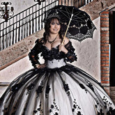 Black Long Sleeves Quinceanera Dress Corset 3D Flowers Beading Crystal