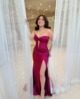 Burgundy Corset Prom Dress with Slit Mermaid Sweetheart Long