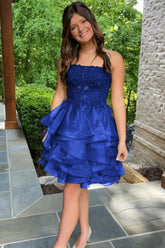 Cheap Blue Ruffle Homecoming Dress Mini Strapless Lace Appliques
