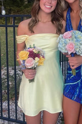 Cheap Mini Yellow Homecoming Dress Silk Satin Off-Shoulder