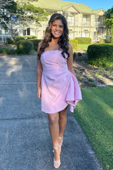 Cheap Short Homecoming Dress Pink Strapless Ruched Mychicdress