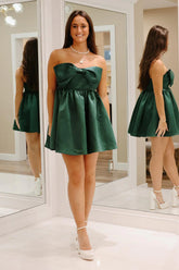 Cheap Strapless Satin Homecoming Dress Dark Green Short with Bow Mychicdress