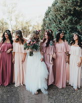 Vestidos longos baratos fora do ombro em chiffon cor de vinho Boho para dama de honra