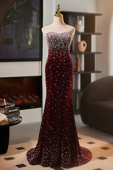 Custom made Strapless Burgundy Velvet Evening Gown Pearls Mychicdress
