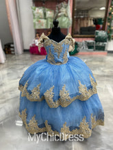 Cute Blue Gold Mini Quinceanera Dresses off the Shoulder Lace Mychicdress