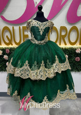 Cute Emerald Green Mini Quinceanera Dresses Gold Lace off the Shoulder with Bow Mychicdress