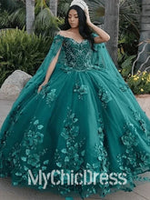 Dark Green Ball Gown Quinceanera Dress 3D Flowers Off-the-Shoulder with Cape