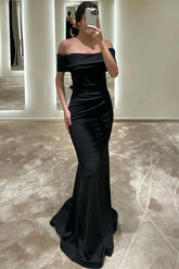 Floor Length Black Satin Evening Dress Off The Shoulder Mermaid Mychicdress