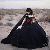 Gorgeous Black Gothic Quinceanera Dress Beaded Crystals With Cape Mychicdress