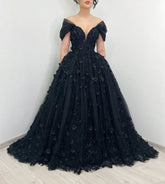 Gorgeous Black Wedding Dress Corset 3D Flower A-line Gothic Bridal Gowns Mychicdress