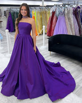 Gorgeous Strapless Satin Purple Prom Dress For Sale A Line Sleeveless