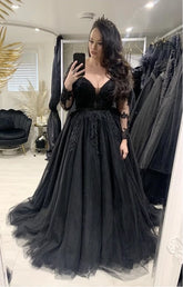 Gothic Long Sleeve Black Wedding Dress Lace V-Neck A Line