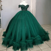 Emerald Green Lace Tulle Quinceanera Dress Off The Shoulder