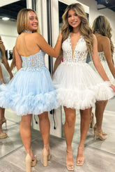 Halter Ruffle Hoco Dress A-Line Tulle Lace Tiered Short Homecoming Dress