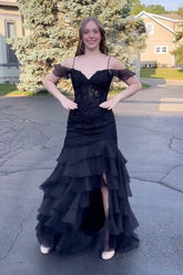 New Tiered Black Lace Mermaid Prom Dresses Ruffles Cold Shoulder