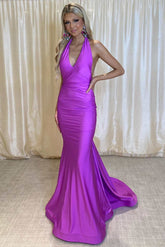 2025 Long Prom Dress Purple Halter Mermaid Wedding Guest Dress