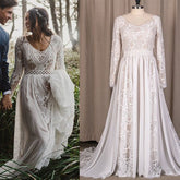 Long Sleeves Lace Beach Wedding Dresses Boho Chiffon V Neck