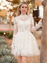 Long Sleeves Short White Lace Wedding Dresses A-Line Illusion Neck Mychicdress
