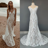 Mermaid Lace Beach Wedding Dress Deep V-Neck Boho Bridal Gown Mychicdress