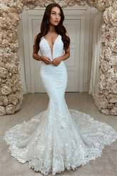 Mermaid Lace Wedding Dress Plunging Deep V Neck Applique Train