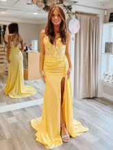 Mermaid Yellow Lace Formal Dress V Neck Long Evening Dresses