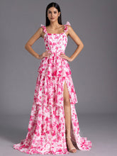 Modest Red Floral Printed Bridesmaid Dress A-line Ruffles Corset Mychicdress