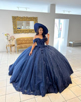 Navy Blue Puffy Sweet 16 Dress Beaded Quinceanera Dresses Off Shoulder