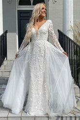 New Mermaid Lace Wedding Dress UK Long Sleeves Deep V-neck Mychicdress