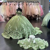 Off Shoulder 3D Floral Quinceanera Dresses mint green Sweet 16 Dress with Train Mychicdress