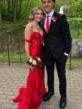 Off Shoulder Red Formal Dress Lace Mermaid Satin Prom Dresses Mychicdress