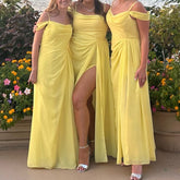 Off the Shoulder Chiffon Yellow Bridesmaid Wedding Maxi Dress with Slit