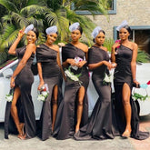 One Shoulder Beach Black Satin Bridesmaid Dresses with Slit