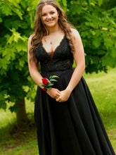 Plus Size Black Lace Evening Dress A Line V Neck Prom Dresses Mychicdress