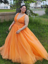 Plus Size Orange Prom Dress A Line V Neck Lace Evening Dresses Mychicdress