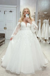 Plus Size Wedding Dresses with Sleeves Lace Long Off the Shoulder