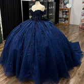 Princess Navy Quinceanera Dresses Blue Flowers Beaded With Bowknot