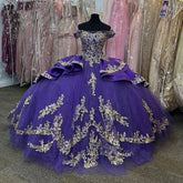 Princess Purple Quinceanera Dresses Gold Applique Tulle Sweet 16 Dress