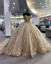 Princess Sweet 16 Champagne Gold Quinceanera Dresses Beaded Appliques