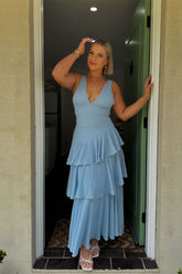 Sexy Blue Tiered Formal Guest Dress V Neck Chiffon