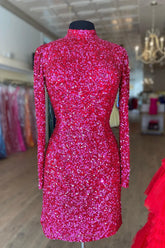 Sexy High Neck Fuchsia Sequins Short Homecoming Dress With Long Sleeve Mychicdress