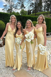 yellow sleeveless bridesmaid dresses with a Cowl neckline and floor-length hem