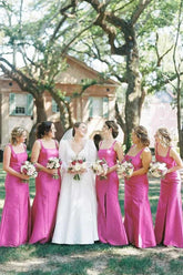 Sheath Fuchsia Bridesmaid Dresses Square Neck Satin with Bow