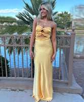 Sheath Long Yellow Prom Dresses Strapless Formal Gown