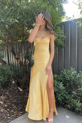 Sheath Strapless Yellow Maxi Dress Satin Wedding Guest Dress with Slit