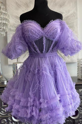 Short Ruffles Homecoming Dress Purple Tulle Off the Shoulder Mychicdress