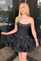 Short Strapless Black Homecoming Dress Satin Beaded with Bow Mychicdress