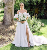 Simple Beach Strapless Satin Wedding Dresses for Women with Puff Sleeves Mychicdress