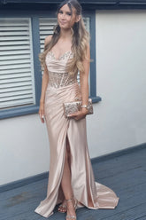 Sparkly Champagne Prom Dresses Sequin Satin Pleated Formal Gown