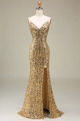 Gold sequin evening gown Sparkly Long Prom Dress Mermaid with Slit